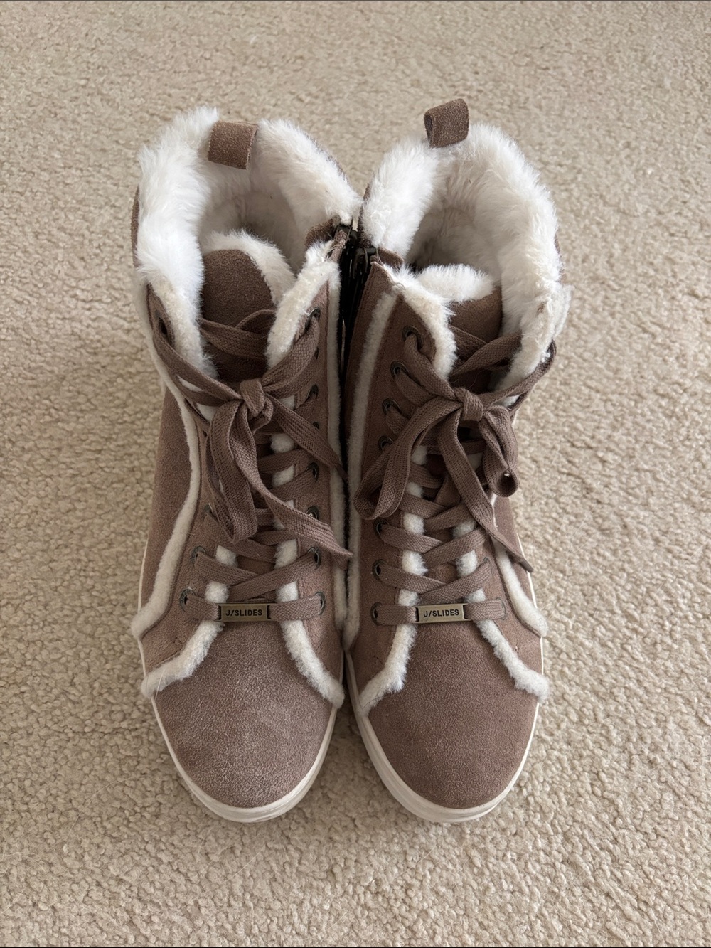 J Slides Taupe Faux-Shearling Lace-Up Ankle Boots